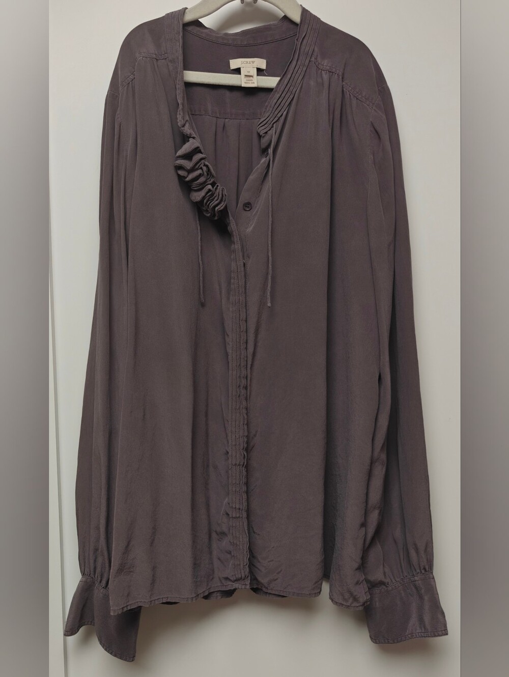 J.Crew 100% Silk Ruffle Button Front dusty purple Long Sleeve Blouse Women 12